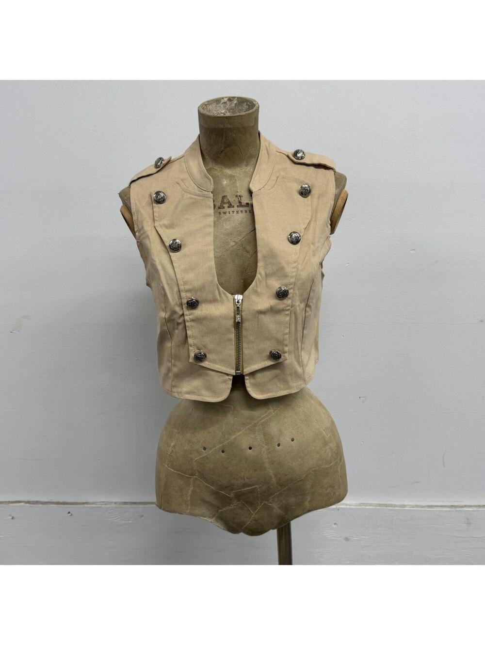 Y2K Lydia Khaki Military Double-Breasted Cutout Cropped Vest Top